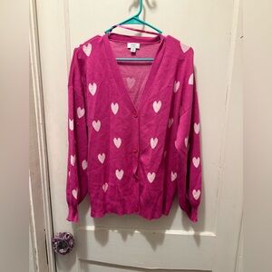 Crown & Ivy Pink Heart Patterned Women's Sweater